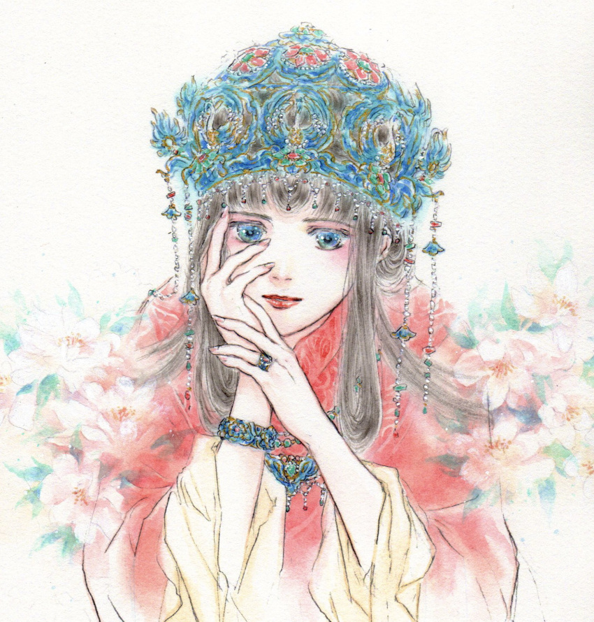 1girl, ayumu_(fakecoral), black_hair, blue_eyes, blue_headwear, bracelet, chinese_clothes, closed_mouth