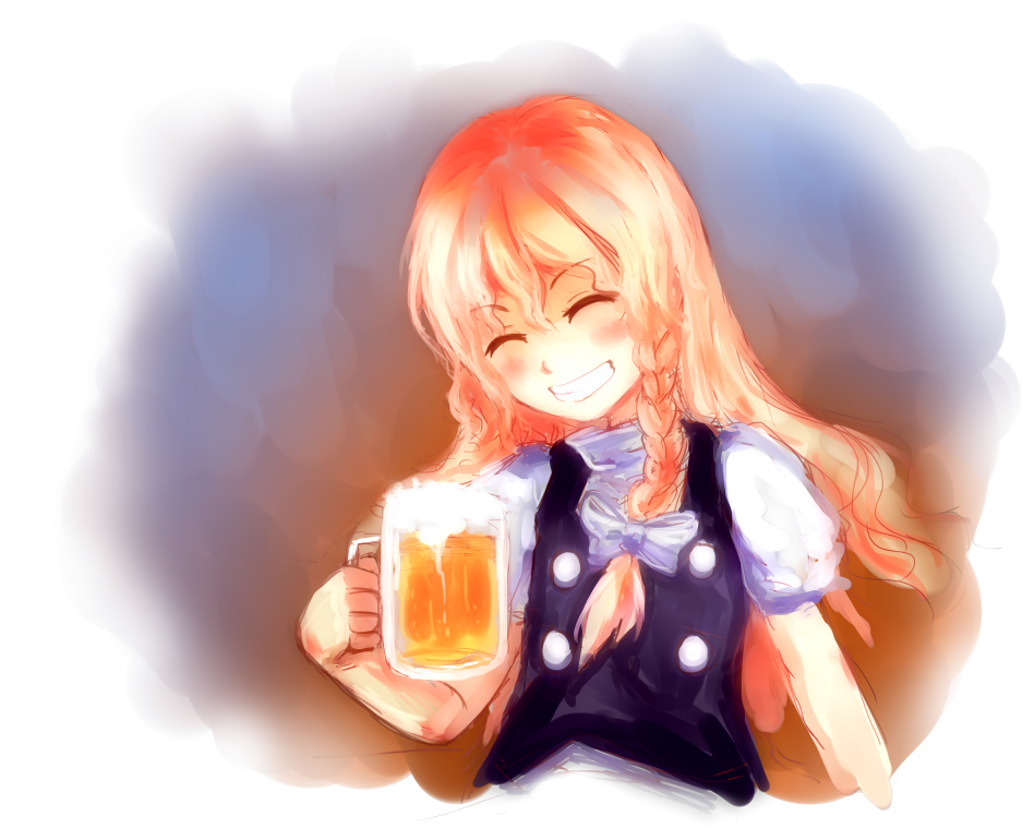 beer, blonde_hair, blush, bow, braid, closed_eyes, grin, hair_bow
