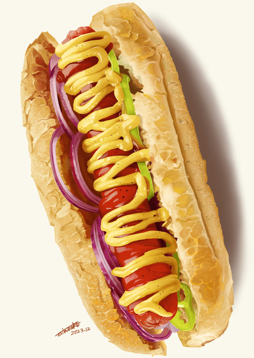 absurdres, chili_pepper, dated, food, food_focus, highres, hot_dog, hot_dog_bun, jalapeno_pepper, ketchup, mustard, no_humans, onion, original, shadow, signature, still_life, tainosuke