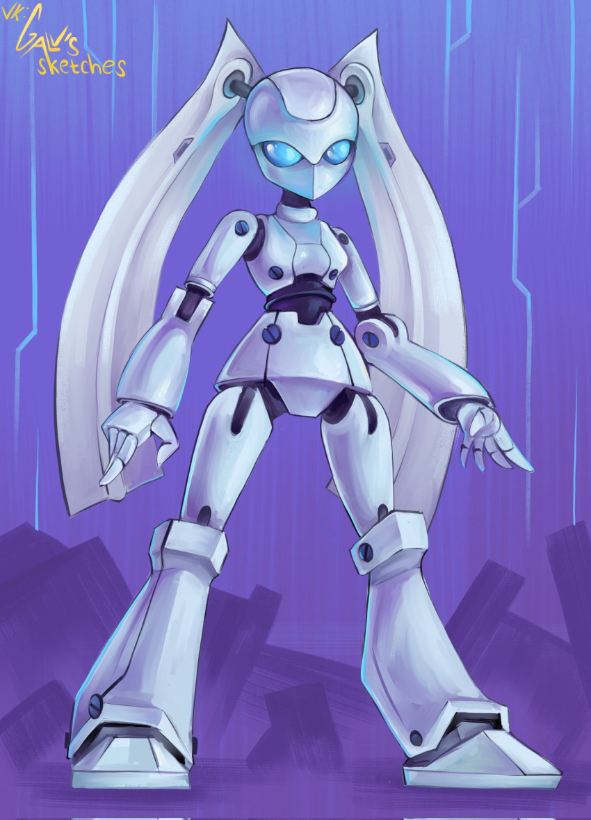 1girl, blue_eyes, breasts, drossel_von_flugel, fireball_(series), galvgp, highres, humanoid_robot, medium_breasts, no_mouth, robot, robot_girl, science_fiction, solo, twintails