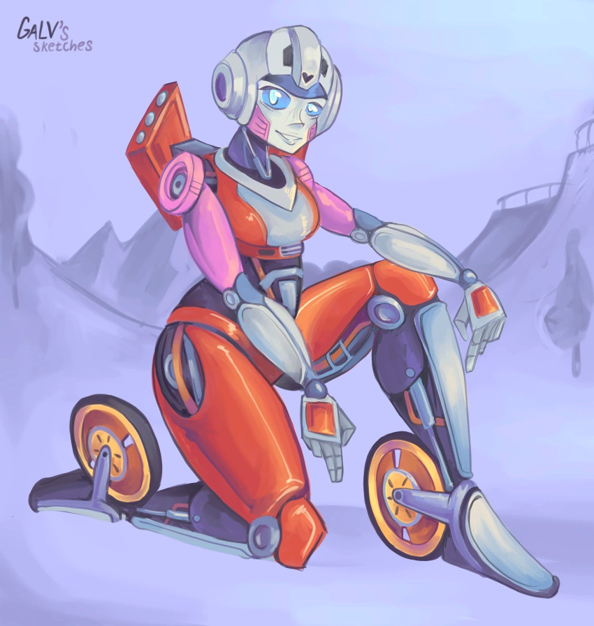 1girl, arcee, blue_eyes, breasts, galvgp, helmet, highres, humanoid_robot, looking_at_viewer, medium_breasts, panties, red_panties, robot, robot_girl, science_fiction, solo, thighs, transformers, transformers:_rise_of_the_beasts, transformers_(live_action), underwear