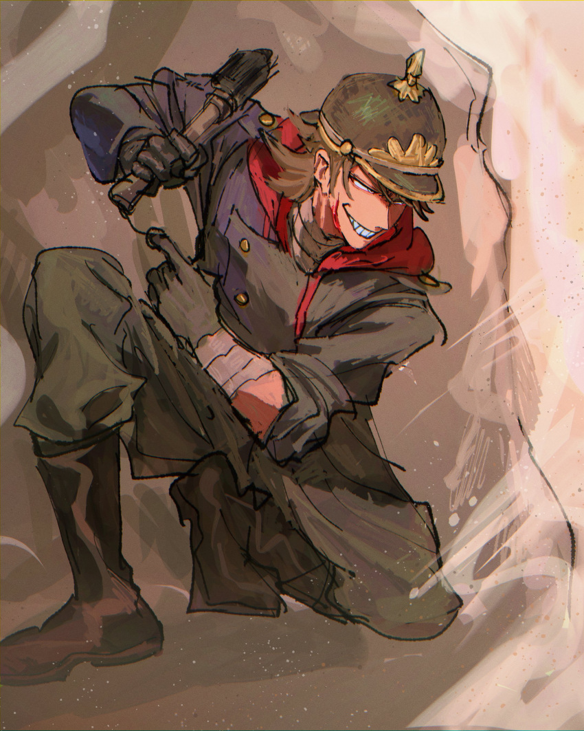 1boy, absurdres, arm_wrap, asymmetrical_sleeves, black_coat, black_footwear, black_gloves, bleeding, blood, boots, brown_hair, coat, cuts, dora_(dorrra05), dust_cloud, eddsworld, explosive, full_body, gloves, green_pants, grenade, grey_eyes, grin, half-closed_eyes, hands_up, helmet, highres, holding, holding_grenade, hood, hooded_coat, injury, knee_boots, long_sleeves, looking_to_the_side, male_focus, medium_hair, military_uniform, on_one_knee, pants, pickelhaube, sleeve_rolled_up, smile, solo, stick_grenade, taking_cover, tord_(eddsworld), uneven_sleeves, uniform
