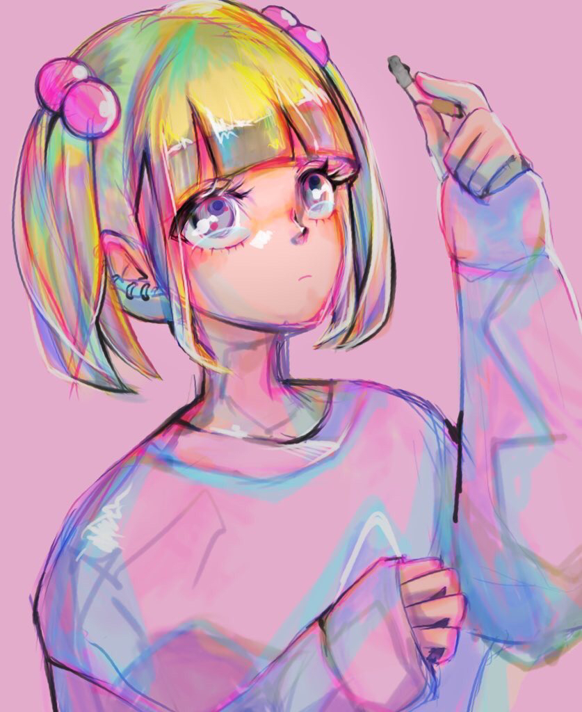 1girl, arm_up, blonde_hair, chanel_(jimoto_saikou), cigarette, earrings, hair_bobbles, hair_ornament