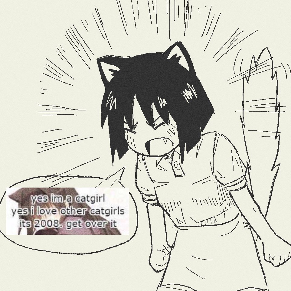 2girls, akemi_homura, animal_ears, annotated, arms_at_sides, azumanga_daioh, bob_cut, cat_ears, cat_girl, cat_tail, clenched_hands, closed_eyes, collared_shirt, cowboy_shot, crossover, denkirk, english_text, fang, kaori_(azumanga_daioh), mahou_shoujo_madoka_magica, mahou_shoujo_madoka_magica_(anime), multiple_girls, open_mouth, shirt, short_hair, short_sleeves, shouting, speech_bubble, standing, tail