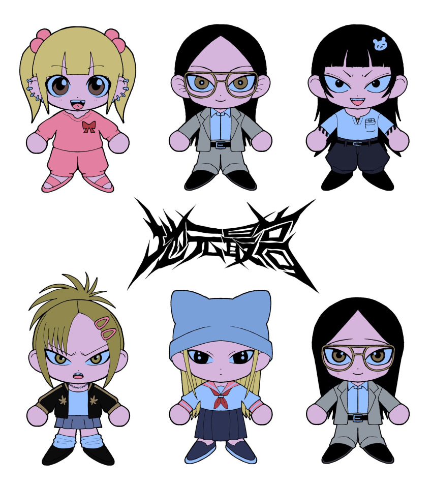 6+girls, animal_ear_headwear, beanie, bear_hair_ornament, belt, black_belt, black_eyes, black_hair, black_jacket, black_pants, blonde_hair, blunt_bangs, brown_eyes, brown_jacket, brown_pants, chanel_(jimoto_saikou), chibi, chipped_tooth, clone, collared_shirt, copyright_name, dress_shirt, ear_piercing, empty_eyes, full_body, glaring, grey_headwear, grey_skirt, hair_ornament, hairclip, ham_no_yukue, hat, high_ponytail, highres, jacket, jimoto_saikou, kitty_(jimoto_saikou), koharu_(jimoto_saikou), long_hair, long_skirt, long_sleeves, looking_at_viewer, loose_socks, multiple_girls, nara-san_(jimoto_saikou), no_eyebrows, open_clothes, open_jacket, open_mouth, pants, parted_bangs, piercing, pink_pants, pink_sailor_collar, pink_sweater, pleated_skirt, puffy_pants, raised_eyebrows, rika_(jimoto_saikou), sailor_collar, sandals, sanpaku, school_uniform, serafuku, shirt, shoes, short_ponytail, short_sleeves, short_twintails, simple_background, skirt, smile, socks, suit_jacket, sukajan, sweater, tsurime, twintails, v-shaped_eyebrows, white_background, white_shirt, wide_ponytail, yellow_eyes