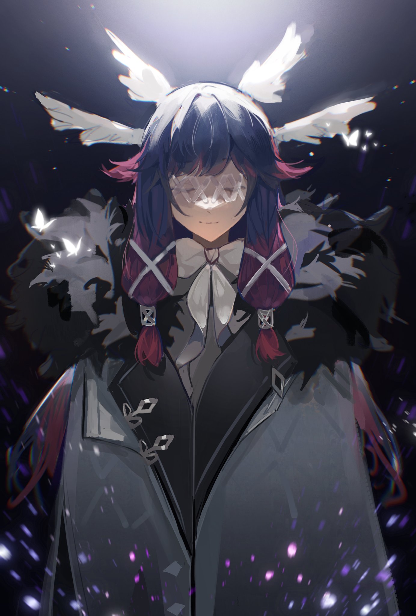 1girl, blue_hair, bow, bowtie, chinese_commentary, closed_mouth, coat, colored_tips, columbina_(genshin_impact), dark_blue_hair, eye_mask, fur-trimmed_coat, fur_trim, genshin_impact, glowing, hair_tubes, highres, light_particles, miliya, multicolored_hair, pink_hair, simple_background, smile, solo, upper_body, white_bow, white_bowtie, white_coat, white_mask, wing_hair_ornament