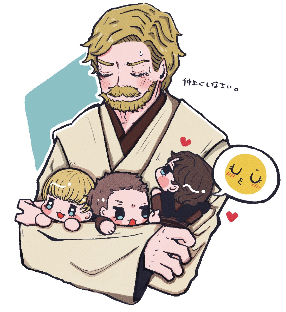 4boys, age_difference, anakin_skywalker, beard, blonde_hair, blush_stickers, chibi, closed_eyes, facial_hair, highres, multiple_boys, mustache, nikkigam, obi-wan_kenobi, size_difference, star_wars, star_wars:_attack_of_the_clones, star_wars:_revenge_of_the_sith, star_wars:_the_phantom_menace