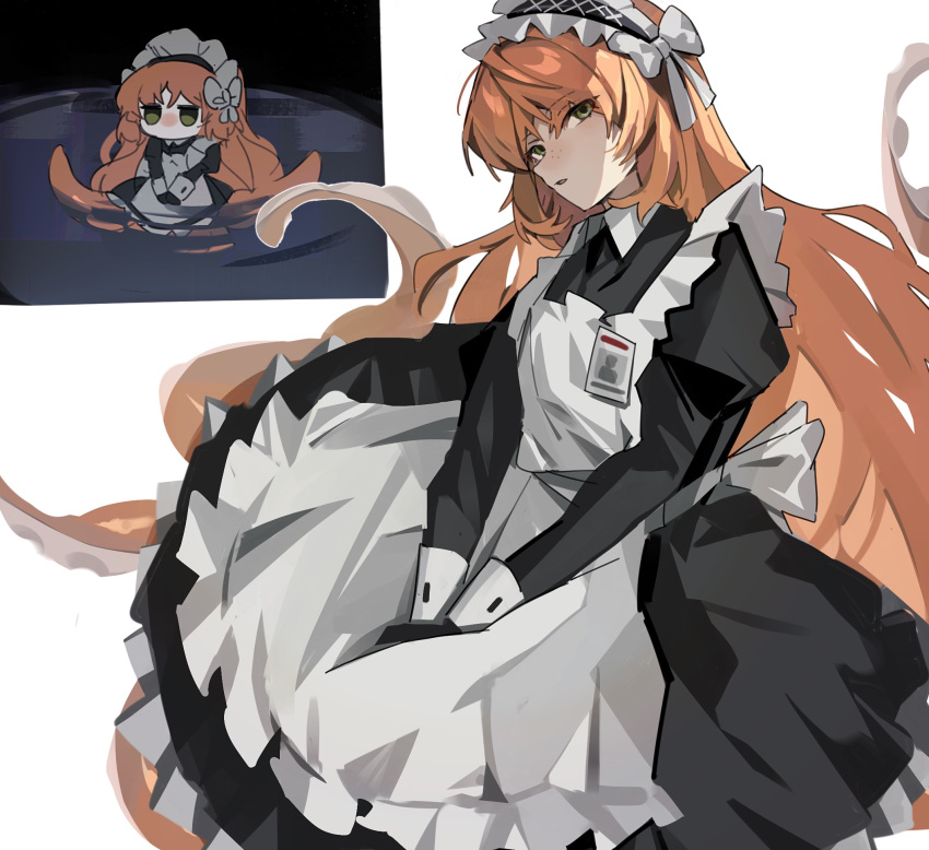 1girl, alternate_costume, apron, back_bow, black_dress, black_hairband, bow, chibi