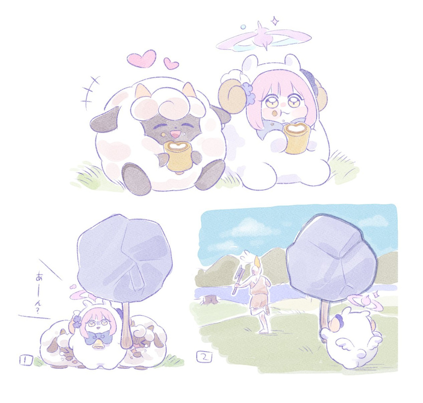 +++, 1girl, 1other, animal_costume, blue_archive, eating, ekoru, fleeing