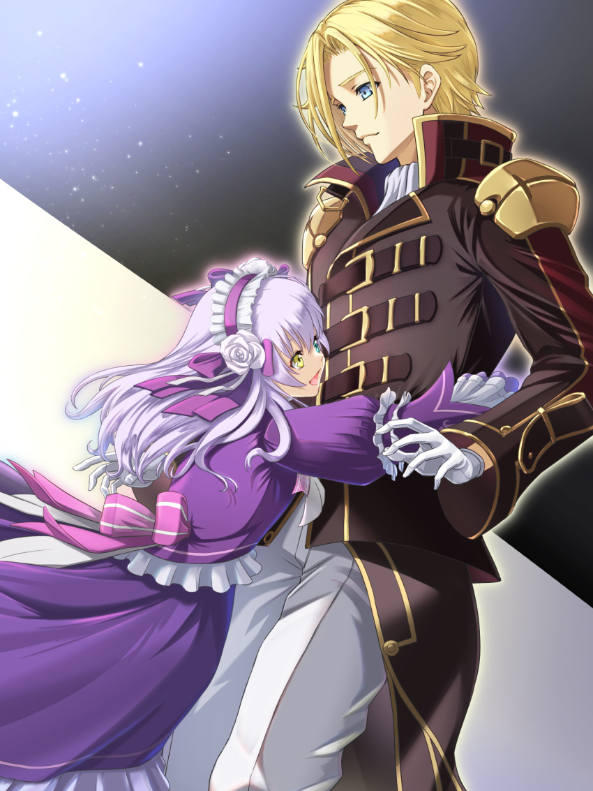 1boy, 1girl, blue_eyes, c_(eiyuu_densetsu), chiga_akira, curtained_hair, dress, eiyuu_densetsu
