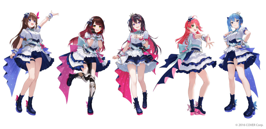 0th_generation_(hololive), 5girls, ahoge, aqua_bow, arm_up, asymmetrical_hair, azki_(hololive), black_gloves, black_hair, blue_bow, blue_eyes, blue_footwear, blue_hair, blue_shorts, blunt_bangs, boots, bow, brown_hair, choppy_bangs, colored_inner_hair, commentary_request, cowlick, cyborg, double-parted_bangs, earrings, english_commentary, frilled_skirt, frills, full_body, gloves, gradient_eyes, gradient_hair, green_eyes, hair_ornament, high_heels, highres, hololive, hololive_idol_uniform_(bright), hoshimachi_suisei, idol, idol_clothes, jewelry, looking_at_viewer, matsuo_shogo, mixed-language_commentary, multicolored_eyes, multicolored_hair, multiple_girls, official_alternate_costume, official_art, pink_hair, purple_bow, reaching, reaching_towards_viewer, roboco-san, sakura_miko, shirt, shorts, side_ponytail, sidelocks, skirt, standing, standing_on_one_leg, thigh_strap, tokino_sora, vest, violet_eyes, virtual_youtuber, white_background, white_shirt, white_skirt, white_vest, wrist_cuffs, yellow_eyes