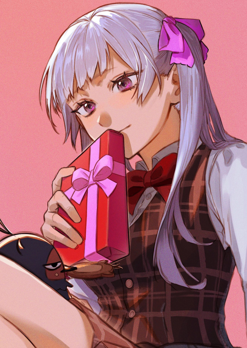 1girl, argyle_vest, bird, bird_on_leg, black_clover, closed_mouth, gen_me, gift