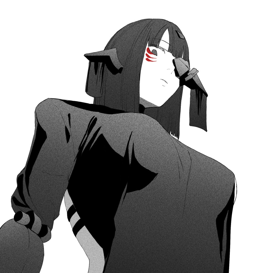 1girl, adeline_(girls'_frontline), black_scapular, breasts, expressionless, facial_mark, from_below, girls_frontline