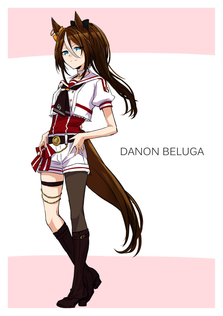 animal_ears, blue_eyes, boots, brown_hair, danon_beluga_(racehorse), hair_ornament, hand_on_own_hip, high_ponytail