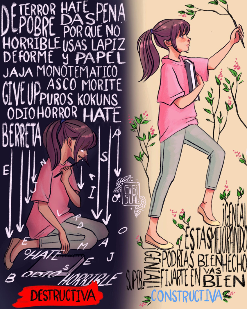 1girl, arrow_(symbol), book, branch, brown_hair, capri_pants, commentary_request, crying, flats, gigis_lab, grey_pants, highres, holding, holding_book, holding_branch, kiki_(gigis_lab), original, pants, pink_shirt, ponytail, shirt, signature, sitting, smile, spanish_commentary, spanish_text, tears, translation_request, wariza