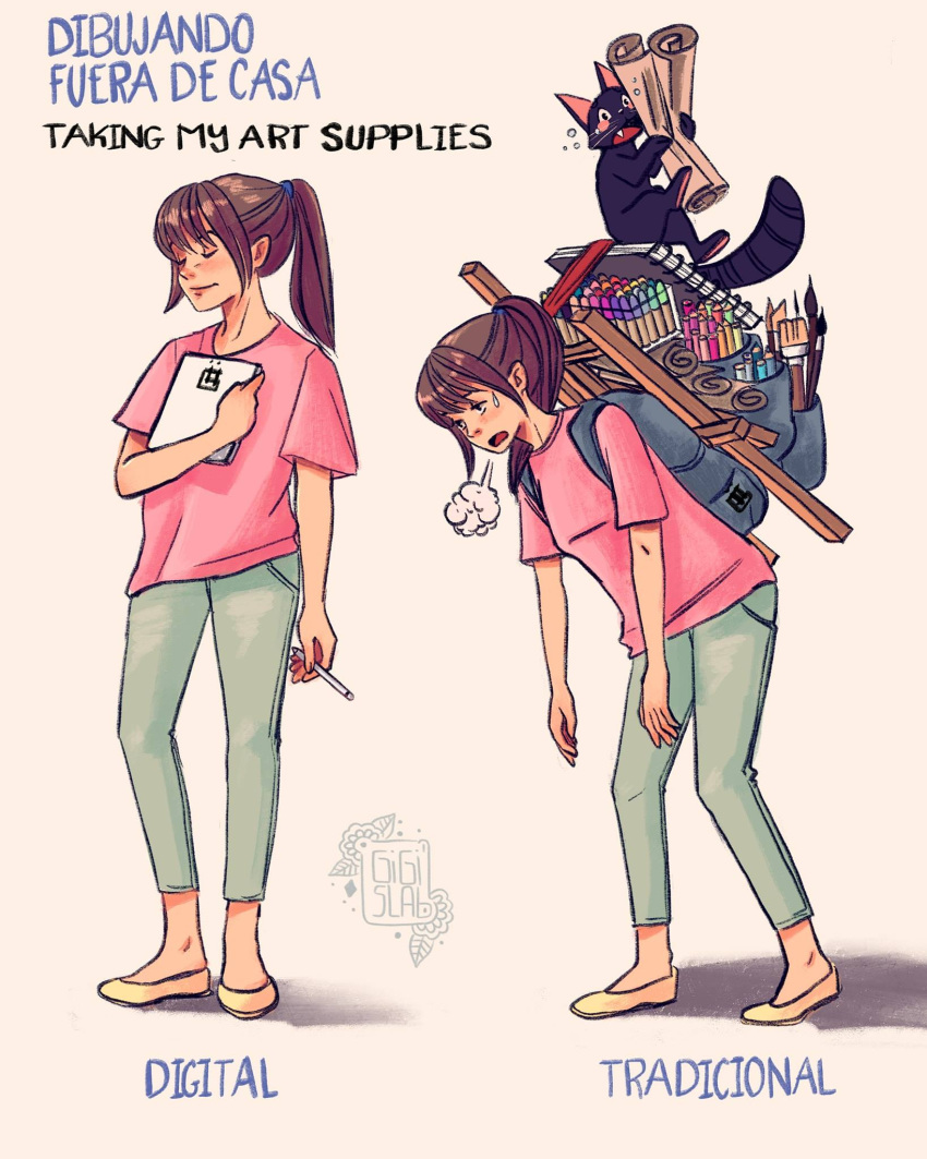 1girl, artist_self-insert, backpack, bag, brown_eyes, brown_hair, capri_pants, cat, colored_pencil, commentary_request, english_text, flats, gigis_lab, green_pants, highres, holding, holding_stylus, holding_tablet_pc, kiki_(gigis_lab), marker, mixed-language_text, original, paintbrush, pants, pencil, pink_shirt, ponytail, shirt, signature, sketchbook, spanish_commentary, spanish_text, stylus, sweatdrop, tablet_pc, translation_request