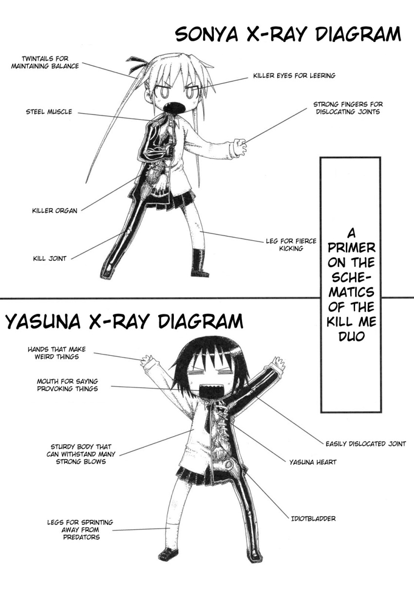 bone, diagram, hard_translated, highres, kazuho_(kazu-ho-ho), kill_me_baby, long_hair, monochrome