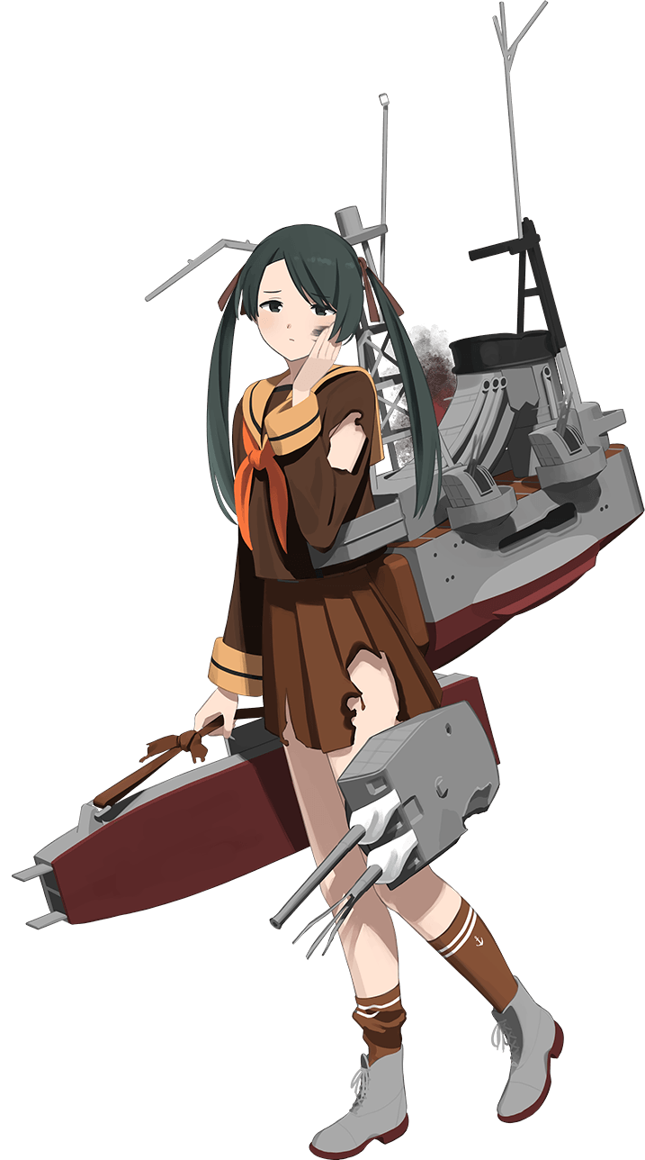 1girl, black_hair, brown_neckerchief, brown_sailor_collar, brown_serafuku, brown_skirt, burnt_clothes, damaged