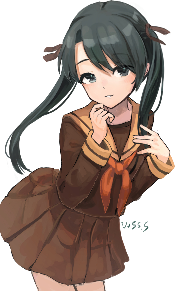 1girl, artist_name, black_hair, brown_ribbon, brown_sailor_collar, brown_serafuku, brown_skirt, cowboy_shot, hair_ribbon, kantai_collection, leaning_forward, long_hair, mikuma_(kancolle), mikuma_kai_ni_(kancolle), neckerchief, orange_neckerchief, parted_lips, ribbon, sailor_collar, school_uniform, serafuku, simple_background, skirt, smile, solo, twintails, white_background, wss_(nicoseiga19993411)