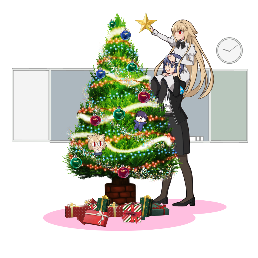 2girls, blonde_hair, blue_eyes, blue_hair, christmas_tree, ciel_(tsukihime), dress, eco-arc