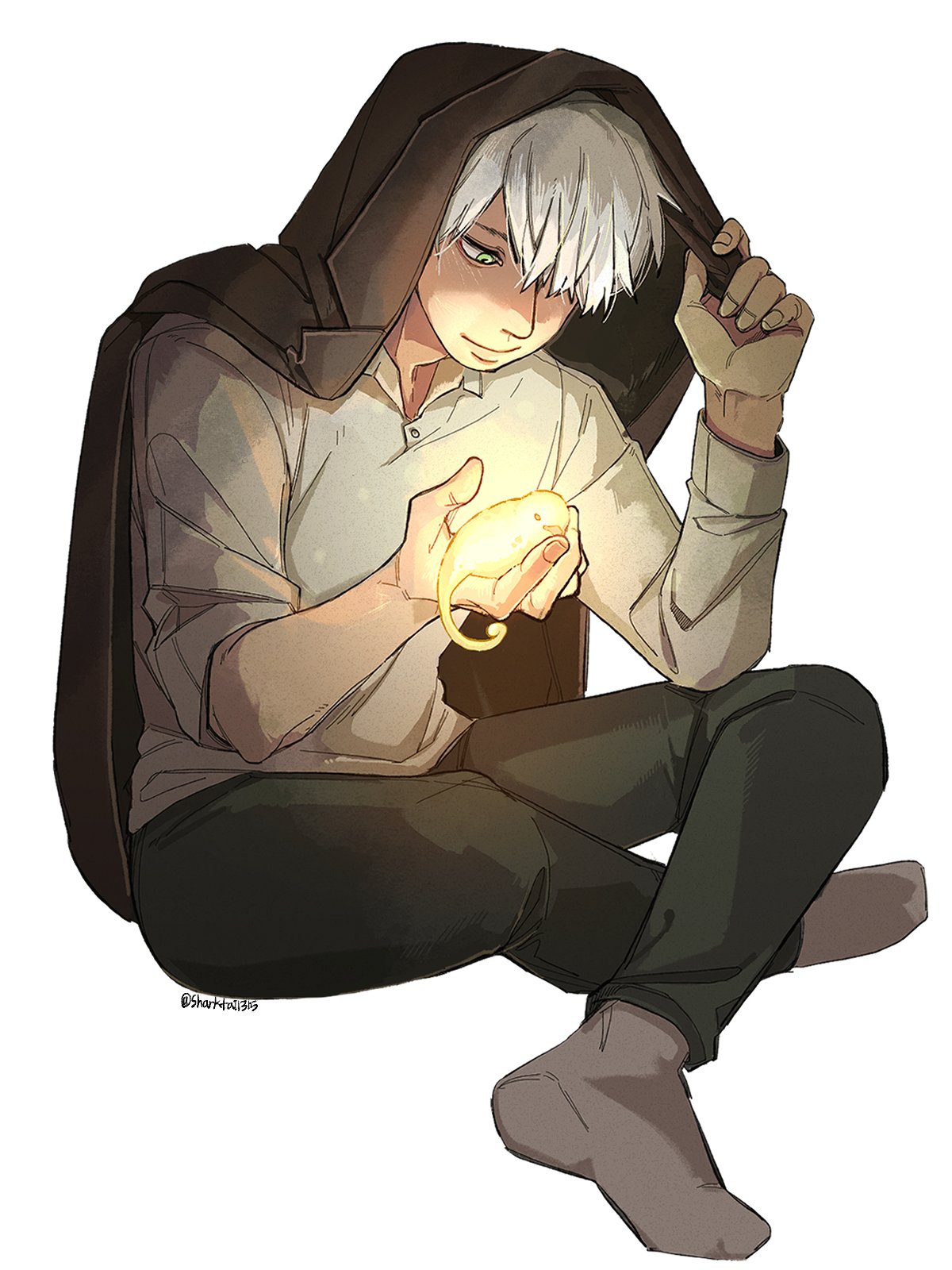 1boy, animal, bird, black_pants, brown_jacket, closed_mouth, commentary_request, fingernails