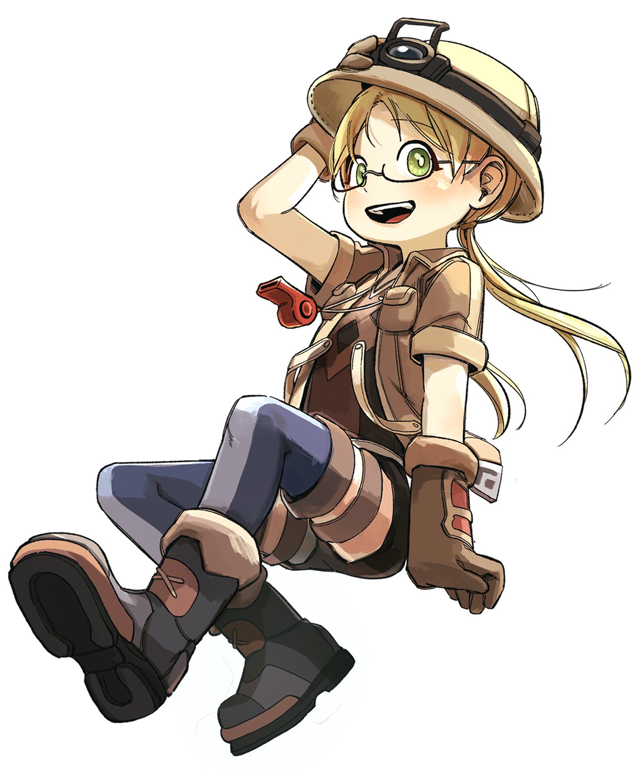 1girl, black-framed_eyewear, black_footwear, black_shirt, black_shorts, blonde_hair, blue_thighhighs, blush