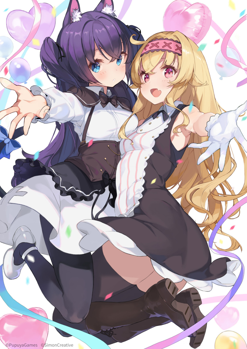 2girls, animal_ears, armpit_peek, balloon, black_bow, black_bowtie, black_footwear, black_tail, black_thighhighs, blonde_hair, blue_eyes, blush, boots, bow, bowtie, breasts, cat_ears, cat_girl, cat_tail, company_name, copyright_notice, dot_nose, dress, fang, frills, gloves, hair_between_eyes, hairband, heart_balloon, highres, knee_boots, little_witch_nobeta, long_hair, long_sleeves, medium_breasts, multiple_girls, nobeta, official_art, open_mouth, outstretched_arm, phyllis_(human)_(little_witch_nobeta), phyllis_(little_witch_nobeta), pink_hairband, purple_hair, red_eyes, shoes, short_dress, sleeveless, sleeveless_dress, small_breasts, striped_clothes, striped_dress, tail, thigh-highs, thighs, twintails, vertical-striped_clothes, vertical-striped_dress, very_long_hair, white_footwear, white_gloves, zettai_ryouiki
