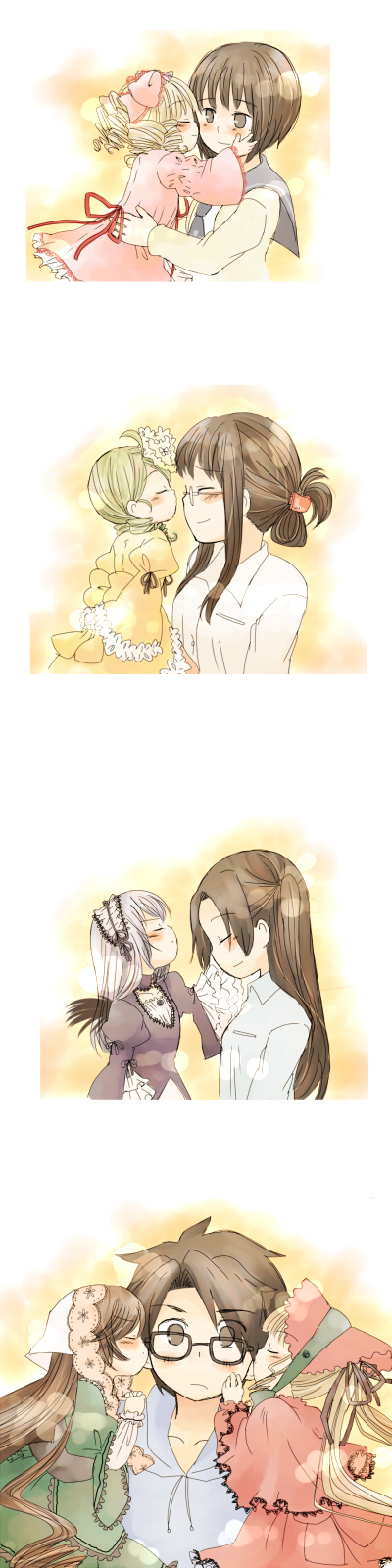 blush, bonnet, bow, brown_eyes, brown_hair, cardigan, cheek_kiss, closed_eyes, dress, drill_hair, glasses, green_hair, hair_bow, highres, hina_ichigo, hug, kakizaki_megu, kanaria, kashiwaba_tomoe, kiss, kusabue_mitsu, midorisuu, necktie, rozen_maiden, sakurada_jun, school_uniform, shinku, short_hair, silver_hair, suigintou, suiseiseki, wings
