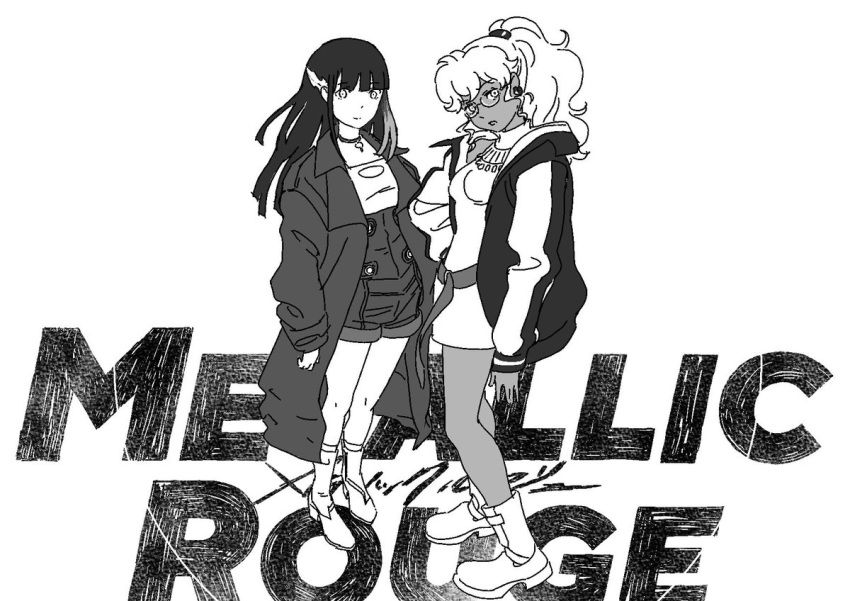 2girls, belt, black_belt, black_choker, black_hair, black_shorts, blunt_bangs, choker