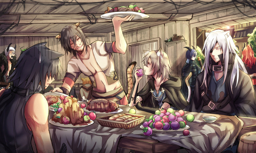 6+boys, anger_vein, animal_ears, asato_(lamento), bardo_(lamento), barrel, beard, belt, black_cloak, black_hair, blue_hair, bread, cat_boy, cat_ears, cat_tail, cloak, closed_eyes, crossed_arms, dark-skinned_male, dark_blue_hair, dark_skin, demon_horns, droopy_ears, eating, expressionless, eyepatch, facial_hair, food, fruit, gloom_(expression), green_cloak, hair_between_eyes, highres, holding, holding_food, holding_fruit, hood, hooded_cloak, horns, indoors, konoe_(lamento), lamento, light_brown_hair, long_hair, looking_at_another, male_focus, mature_male, multiple_boys, nga_(ray_ray), pectorals, rai_(lamento), redhead, short_hair, sitting, smile, steak, sweatdrop, table, tail, tavern, tiger_boy, tiger_ears, tiger_tail, tray, tunic, white_hair, wooden_table