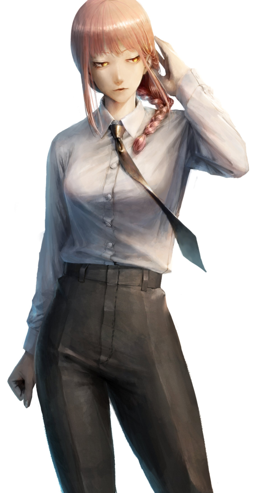 1girl, absurdres, black_necktie, black_pants, braid, braided_ponytail, breasts, chainsaw_man