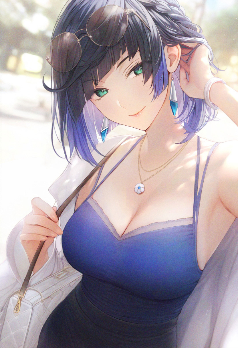 1girl, ai-generated, bag, blue_dress, blue_hair, blurry, blurry_background, breasts, dress, earrings, eyewear_on_head, genshin_impact, green_eyes, handbag, highres, jewelry, looking_at_viewer, necklace, nekocypher, pulling_own_hair, short_hair, yelan_(genshin_impact)