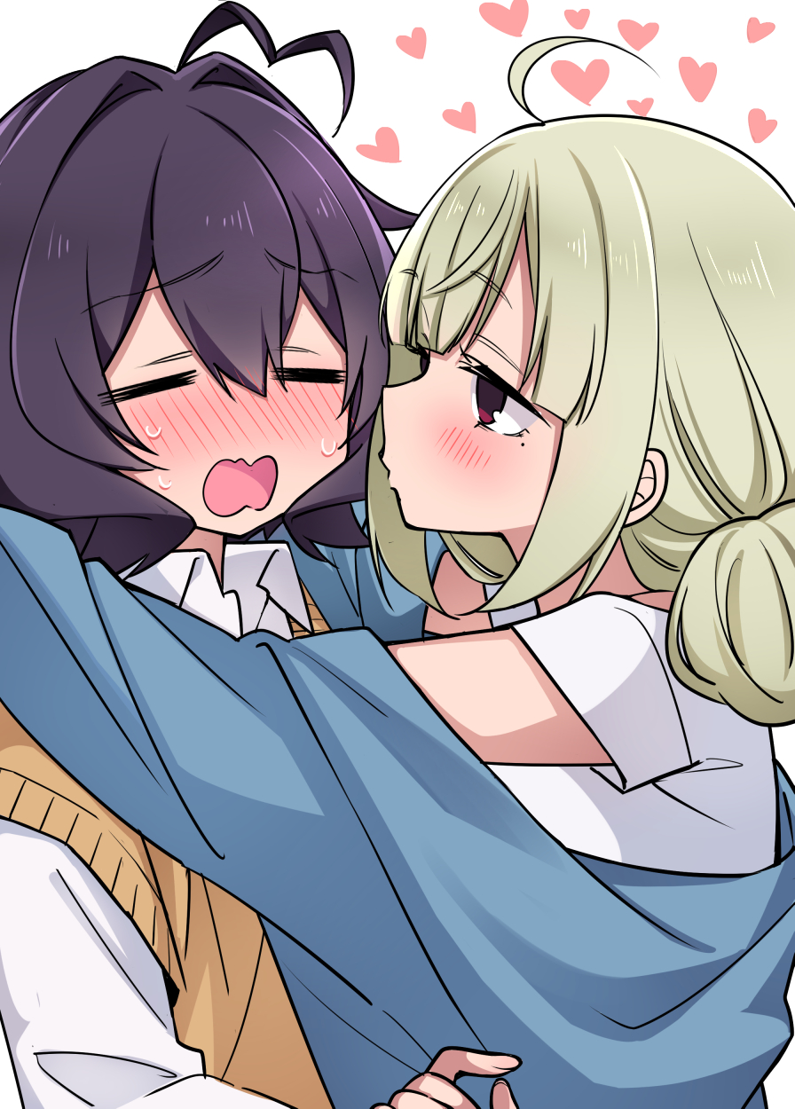 ahoge, araga_kiwi, black_hair, blonde_hair, blue_jacket, blush, brown_vest, closed_eyes