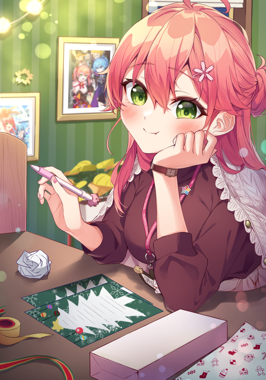 1girl, absurdres, ahoge, alternate_costume, black_shirt, blush, christmas, closed_mouth