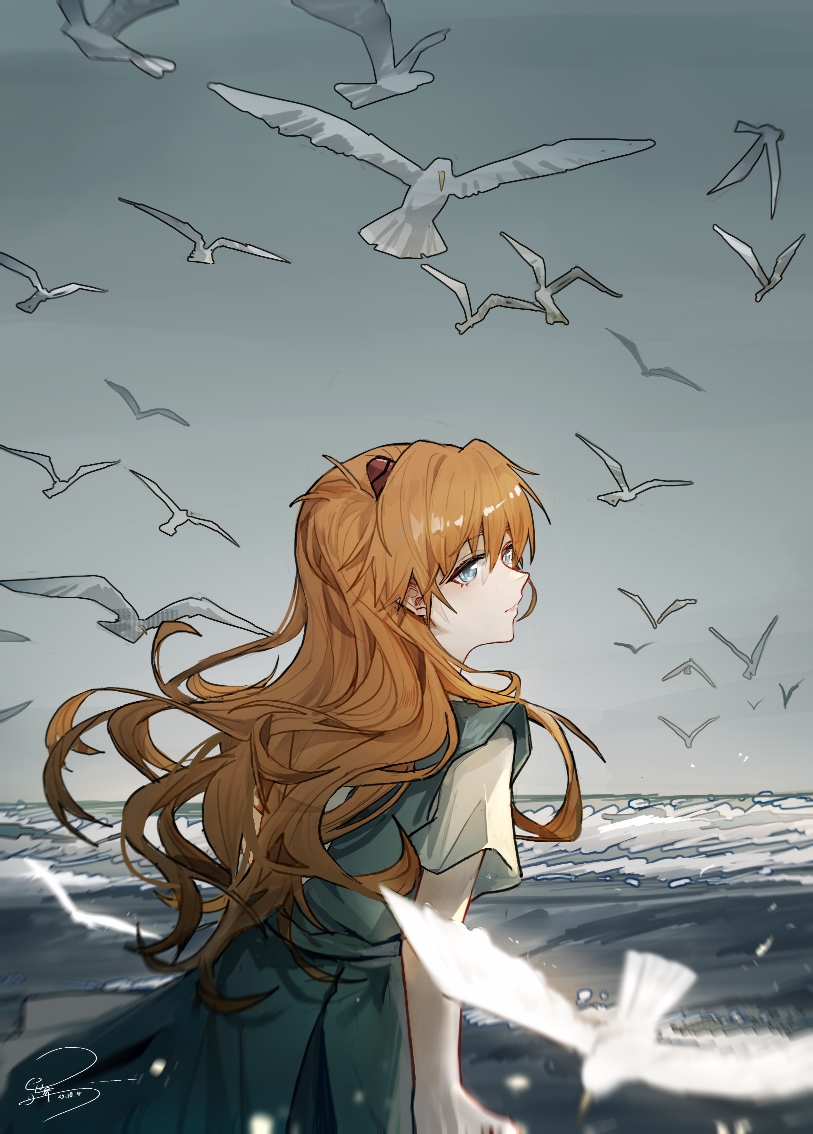 1girl, bird, blue_eyes, clouds, cloudy_sky, day, landscape, long_hair