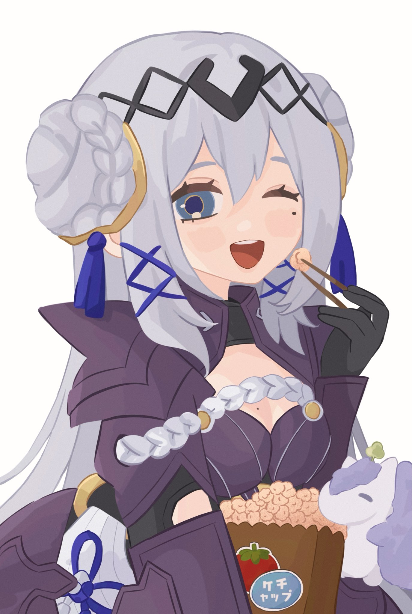 1girl, armor, black_gloves, blue_eyes, chopsticks, double_bun, food, gloves, grey_hair, hair_bun, hair_ornament, highres, holding, holding_chopsticks, knight, mole, mole_under_eye, nana_(ringopan), nijisanji, nijisanji_en, one_eye_closed, paladin_(victoria_brightshield), popcorn, solo, tassel, tassel_hair_ornament, victoria_brightshield, virtual_youtuber, x_hair_ornament
