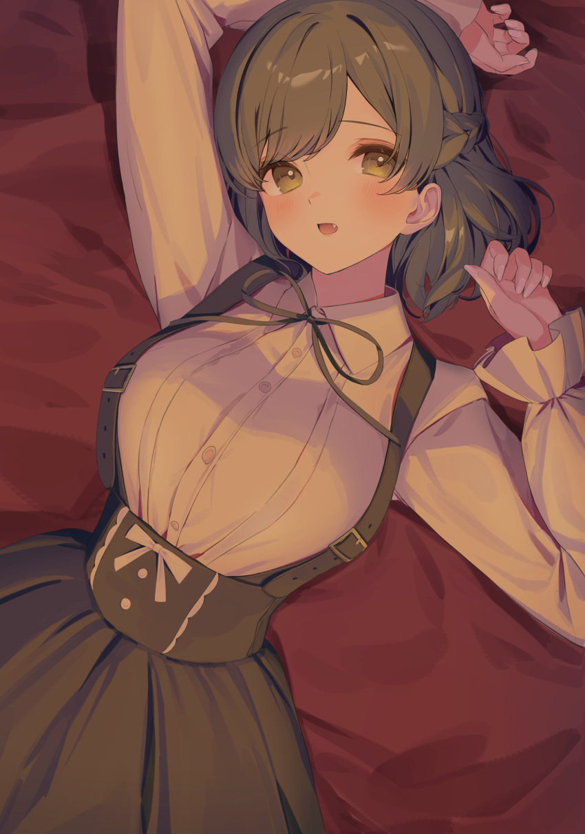 arm_up, bed, blush, borrowed_character, braid, breasts, commentary, fang