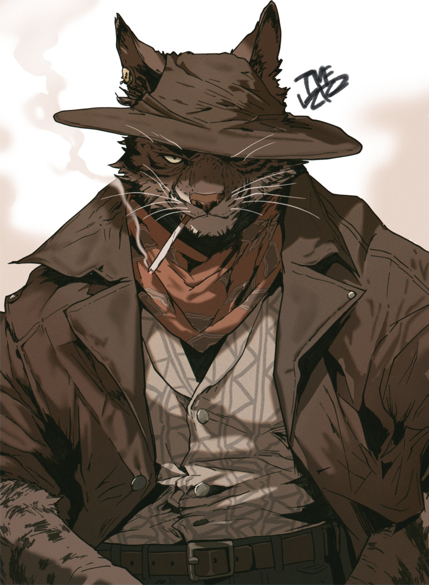 1boy, absurdres, animal_ears, artist_name, bandana, belt, black_eyes, body_fur