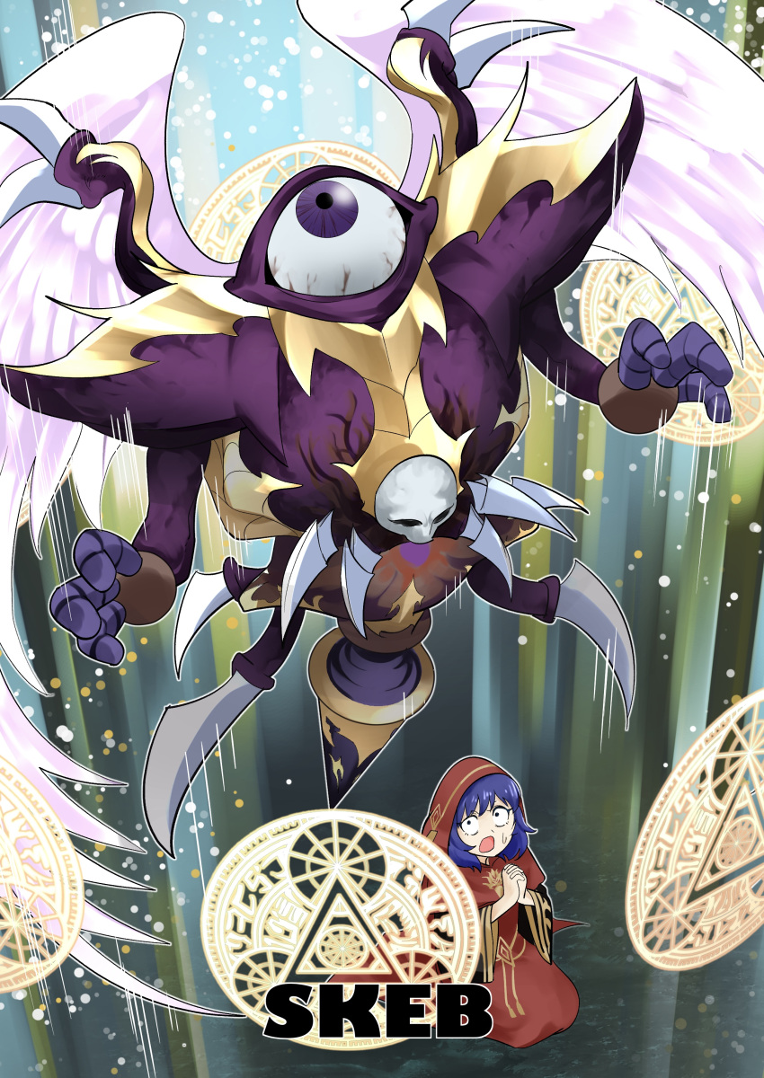 1girl, 1other, absurdres, blue_eyes, blue_hair, chakra_(yu-gi-oh!), commission, duel_monster