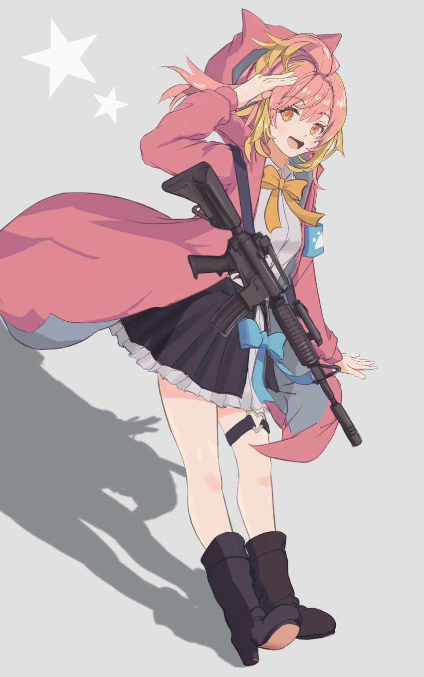 1girl, absurdres, animal_ear_hood, arm_at_side, assault_rifle, black_skirt, blonde_hair, blue_bow
