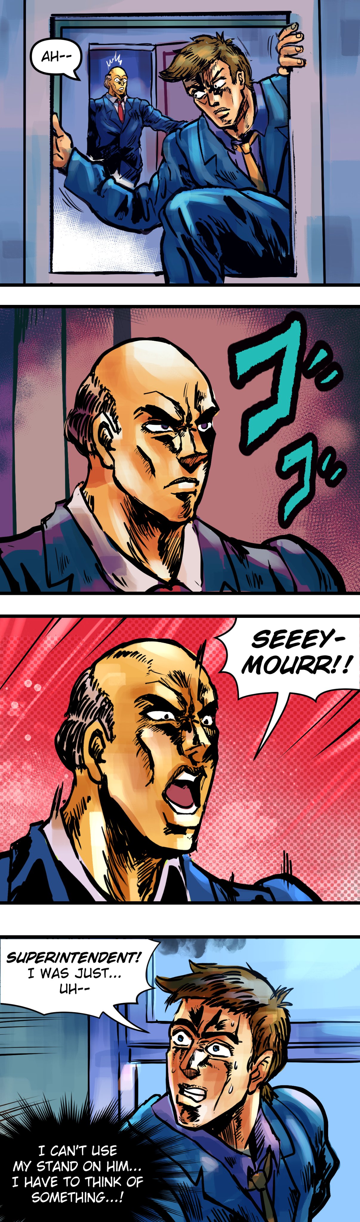 2boys, absurdres, araki_hirohiko_(style), balding, blue_suit, business_suit, caught, colored_skin