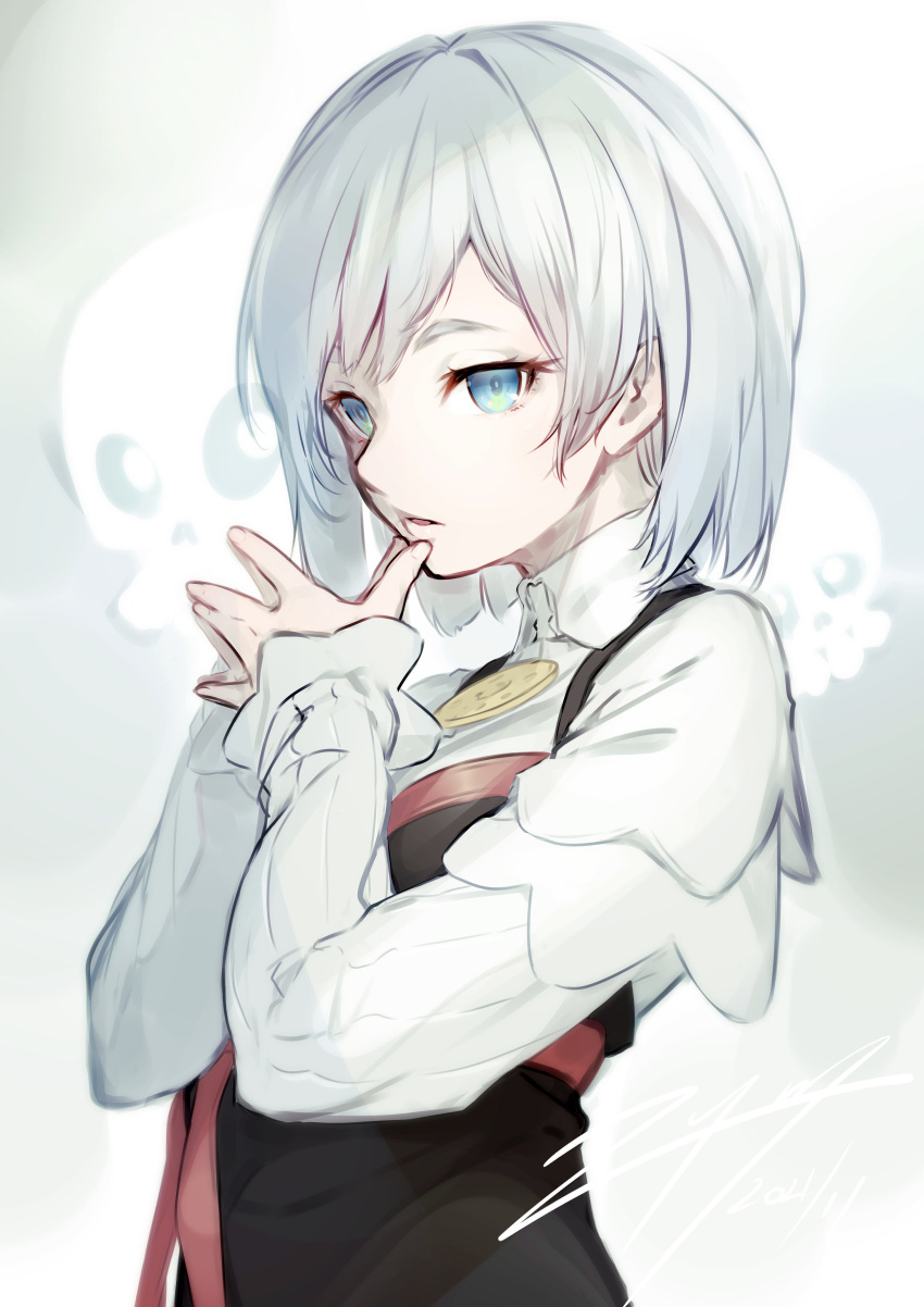 1girl, absurdres, akershus_fortress_(oshiro_project), aqua_eyes, black_dress, collared_shirt, dress, floating_skull