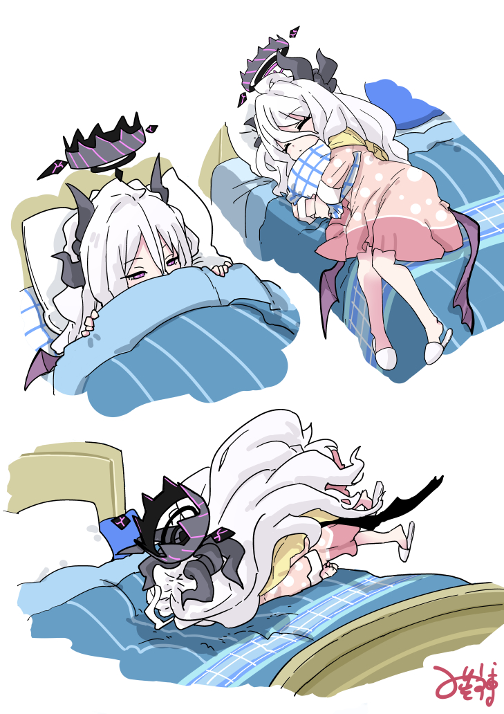 1girl, bed, black_halo, black_horns, black_wings, blanket, blue_archive, closed_eyes, dress, hair_between_eyes, halo, hina_(blue_archive), horns, hugging_object, kimura_mitsuhiro, long_hair, long_sleeves, low_wings, lying, multiple_horns, on_back, on_bed, on_side, pillow, pillow_hug, pink_dress, polka_dot, polka_dot_dress, sleeping, slippers, under_covers, very_long_hair, violet_eyes, white_hair, wings