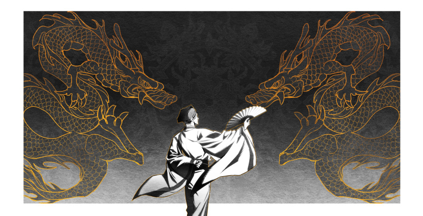 090_nv, 1boy, absurdres, arm_behind_back, dragon, eastern_dragon, emblem, folding_fan