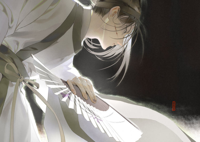 090_nv, 1boy, black_background, black_hair, black_headwear, blood, blood_on_face, cowboy_shot