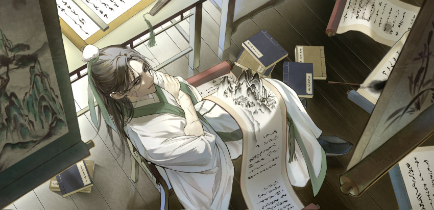 090_nv, 1boy, absurdres, black_footwear, black_hair, book, boots, bun_cover