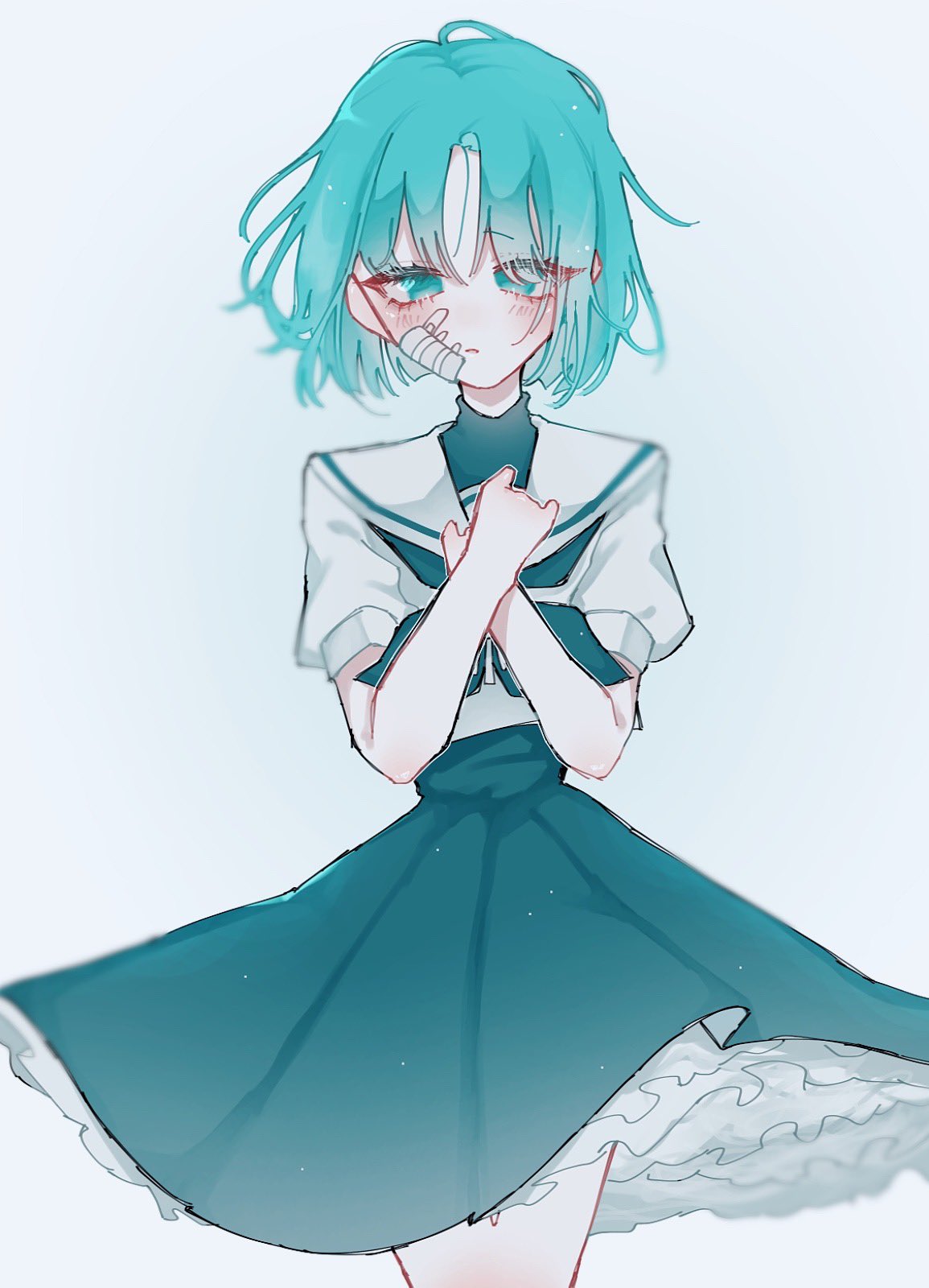 1girl, ado_(utaite), akuru-chan_(ado), bandaid, bandaid_on_face, blue_eyes, blue_hair, blue_neckerchief