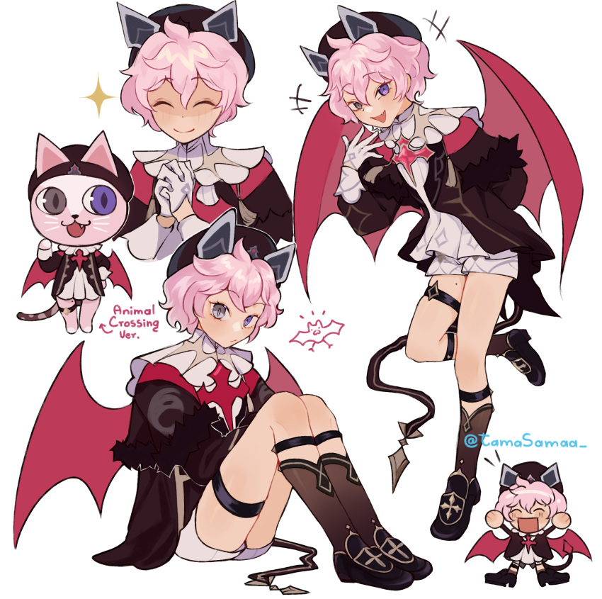 1boy, absurdres, animal_ears, bat_ears, bat_tail, bat_wings, cat, closed_eyes, dahlia_(genshin_impact), english_text, fang, full_body, genshin_impact, grey_eyes, hat, heterochromia, highres, male_focus, open_mouth, otoko_no_ko, pink_hair, short_hair, shorts, simple_background, smile, solo, tamasamaa, violet_eyes, white_background, wings