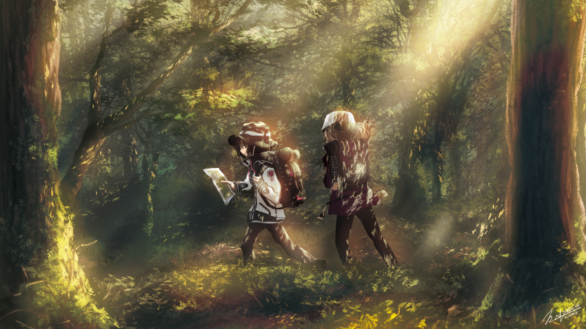 2girls, backpack, bag, day, forest, grass, hat, highres