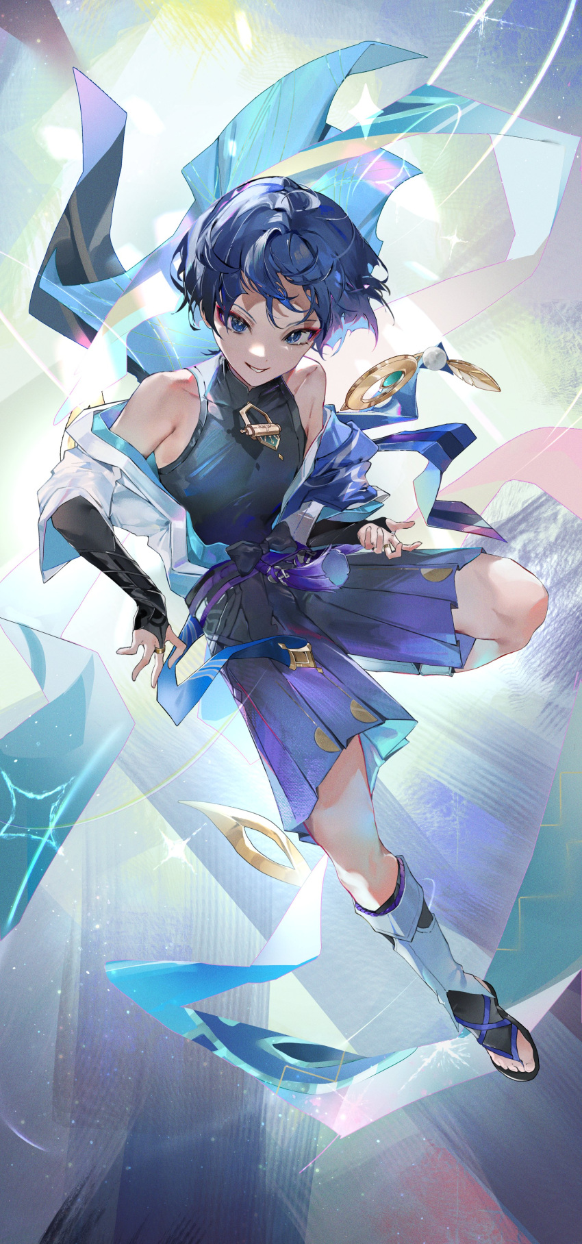 1boy, absurdres, armpits, bishounen, blue_eyes, blue_hair, full_body, gauntlets